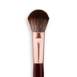 Close-up of a bronzer and blush brush with dark brown and grey bristles with a rose-gold and dark crimson handle.