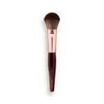 A bronzer and blush brush with soft bristles and rose gold and dark crimson handle.