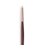 Close-up of an eyeliner brush with white-coloured brsitles with a rose-gold and dark crimson handle.