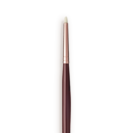 Close-up of an eyeliner brush with white-coloured brsitles with a rose-gold and dark crimson handle.
