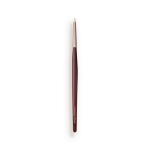 A slim eyeshadow brush with white-coloured bristles with a rose-gold and dark crimson handle.