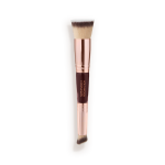 A double-ended contour brush with soft bristles and rose gold and dark crimson handle.