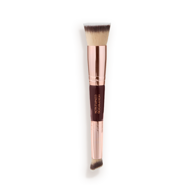 A double-ended contour brush with soft bristles and rose gold and dark crimson handle.