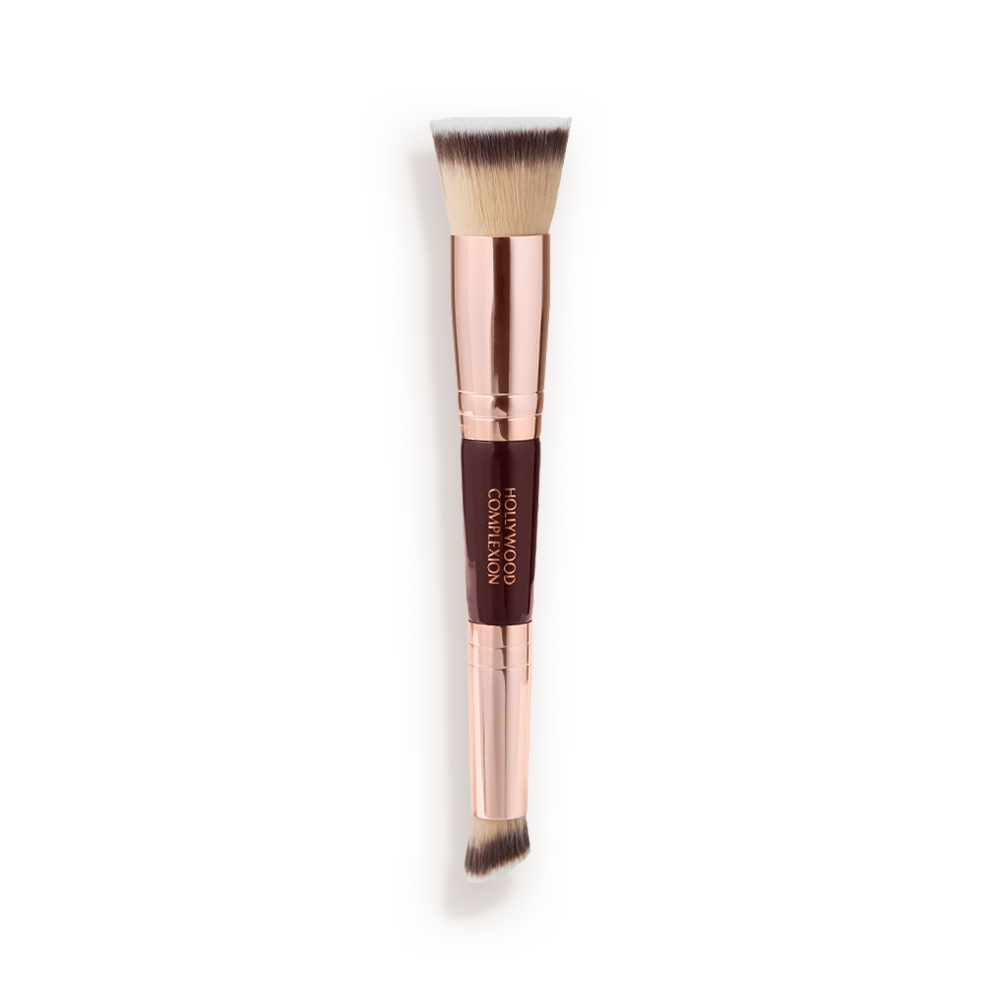 Synthetic_Hollywood_Complexion_Brush_Packshot A double-ended contour brush with soft bristles and rose gold and dark crimson handle.