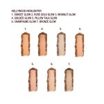 A swatch of powder highlighters in orange-gold, rose gold, light gold, deep gold, rose, champagne and bronze shades.