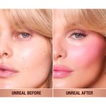 Before and after of fair model with and without wearing blush.