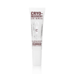 A closed, white-coloured eye serum tube with silver-colour geometric patterns on the front and text written on it that reads, 'eye appear depuffed and brighter with Iceawake, caffeine complex'