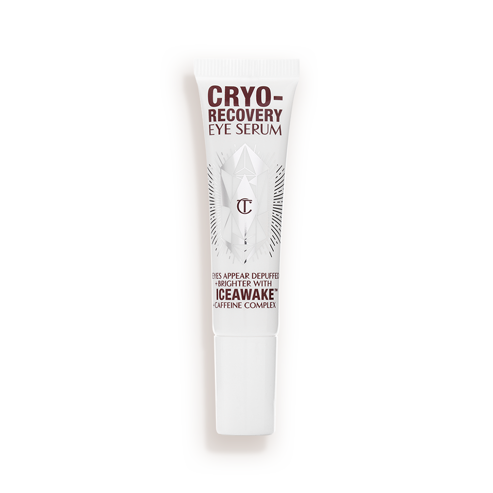 cryo-Eye-Serum-Closed-Packshot An open, white-coloured eye serum tube with silver-colour geometric patterns on the front and text written on it that reads, 'eye appear depuffed and brighter with Iceawake, caffeine complex'