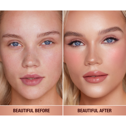A fair-skin model shows the before and after makeup look using a tawny pink liquid blush.