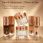 Charlotte Tilbury moisturiser jar displayed among several Airbrush Flawless Foundation bottles, all in gold and rose‑gold packaging. The text at the top reads: ‘Miracle Moisturiser + Primer In One.’ Additional claims note that the product makes skin look instantly hydrated and smoother, and helps foundation lock and grip better. A line at the bottom reads: ‘Your foundation will always look better + last longer!